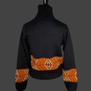 Black and Orange Cowl Neck Sweater with Geometric Pattern